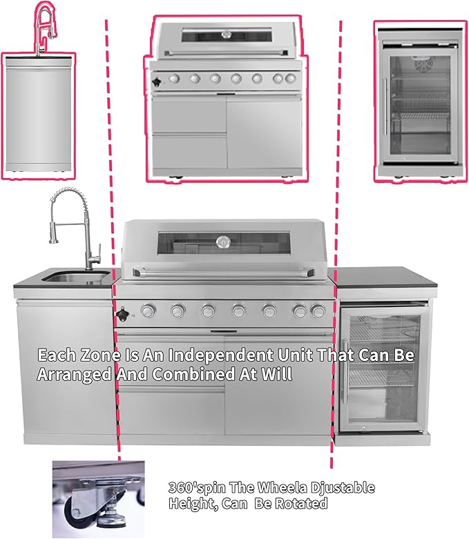 82 Inches 6-Burner 85000 BTU Natural Gas Outdoor Kitchen Island with Grill with Wine Cooler, Compact Refrigerator, Rotisserie, Granite Countertops & Storage, Silver