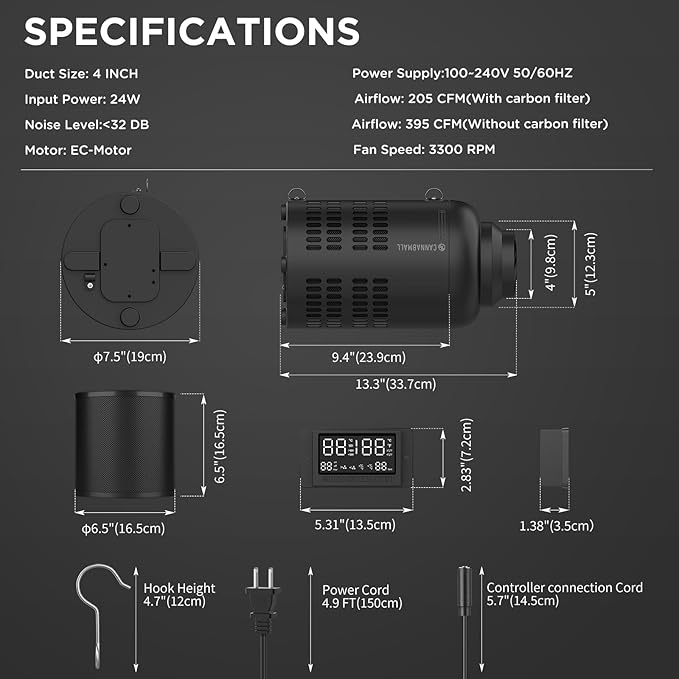 4 Inch Inline Duct Fan with EC Motor and Built-in Carbon Filter, Duct Fan Kit with Temperature Humidity Controller, Grow Tent Kits Ventilation System with Carbon Filter Combo