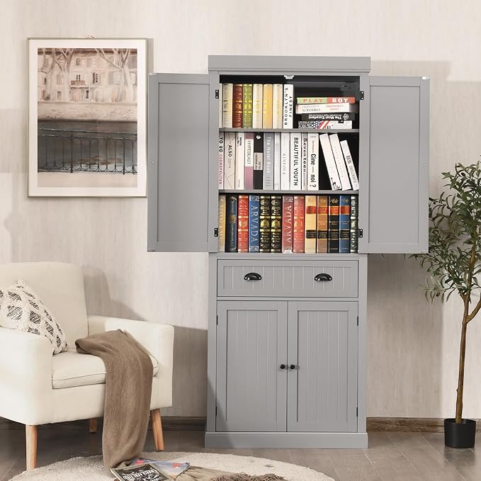 DORTALA 72” Tall Kitchen Pantry Cabinet, Wood Storage Cupboard w/ 4 Adjustable Shelves, 2 Cabinets & Drawer, Utility Freestanding Storage Cabinet for Kitchen, Hallway, Living Room, Grey