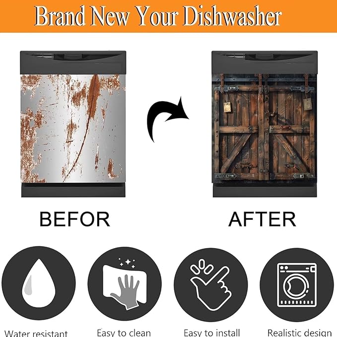 Barn Wooden Door Dishwasher Cover Panel Sticker, Vintage Wooden Door Skin Cover for Dishwasher Refrigerator Cabinets (23" x 26" Ordinary)