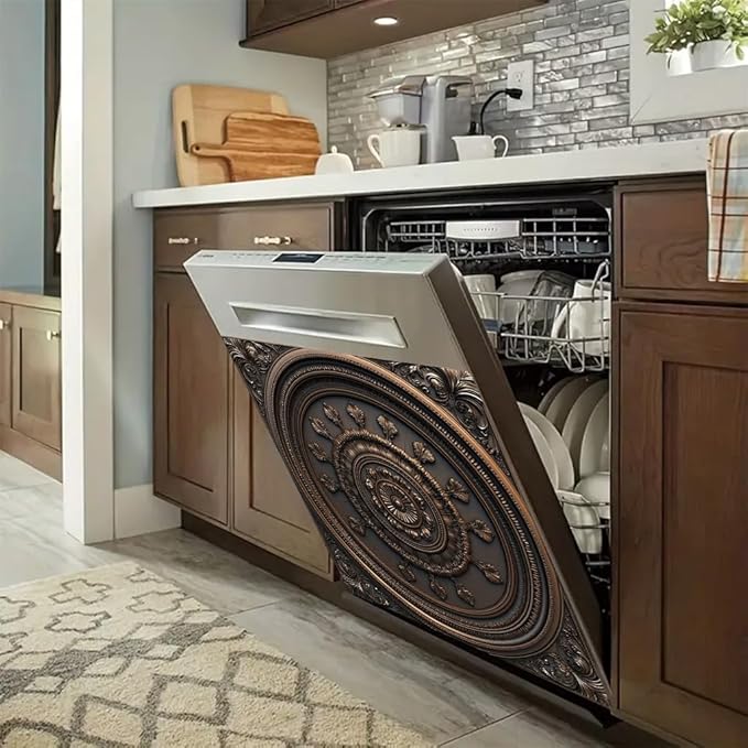 2D Flat Antique Bronze Round Embossed Dishwasher Magnetic Cover 23x26 Inch ClassicOrnamental Pattern Appliance Magnet for Kitchen Decor