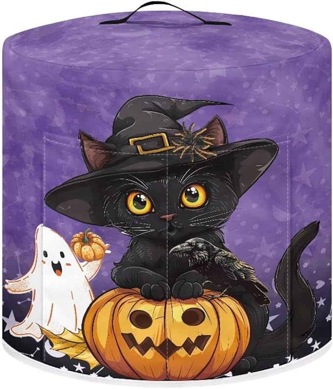 Halloween Cute Black Cat Pressure Cooker Dust Cover with Top Handle and Storage Pocket 8 Quart Air Fryer Rice Cooker Protector Covers Kitchen Appliance Decoration