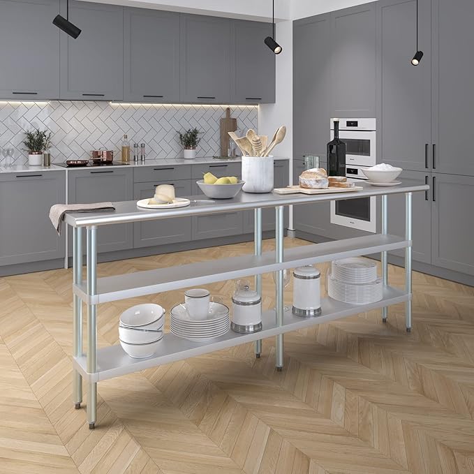 AmGood Stainless Steel Work Table with 2 Shelves | NSF | Metal Utility Table (84" Long x 14" Deep)