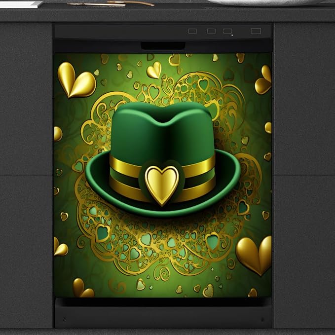 St. Patrick's Day Hat Heart Dishwasher Magnet Cover, Reusable Refrigerator Panel Stickers Microwave Front Door Covers Magnets for Kitchen Home Appliances Holiday Party Decorations 23 X 26 in