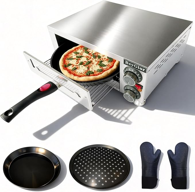 Electric Pizza Oven Indoor, Countertop Pizza Oven with Two 12 inch Baking Trays, Oven Mitts,Commercial Pizza Maker for Home, Stainless Steel Pizza Cooker with Visual Window, Removable Handle