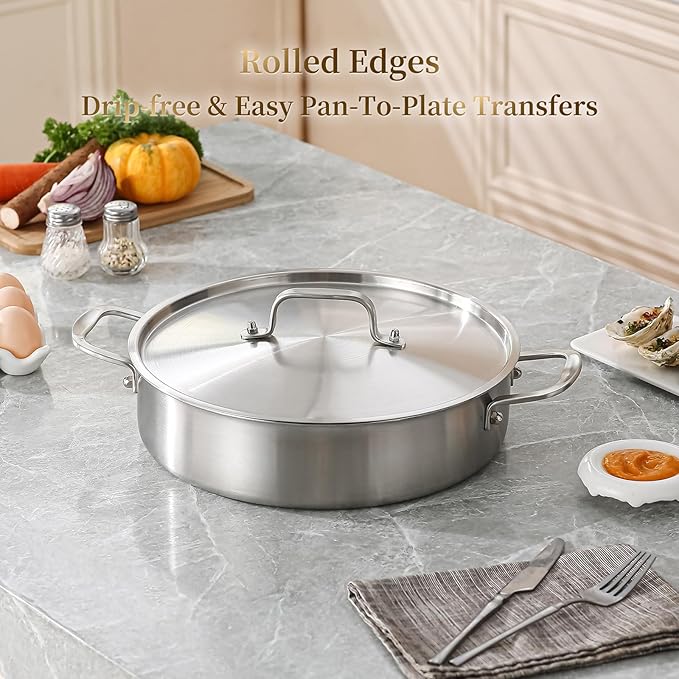 DELARLO Tri-Ply Stainless Steel 8 Quart Braiser Pan with Lid Induction Rondeau Pot With Lid 13inch Deep Frying Pan Large Saute Pan Heavy Duty Style Compatible With All Cooktops Up to 650℉