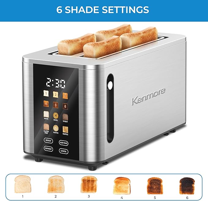 Kenmore 4-Slice Digital Touchscreen Toaster - 900W Stainless Steel, Wide Slots 6 Shade Settings, Bread Presets, Countdown Timer, Reheat & Defrost Functions Compact Countertop Design tostadora digital