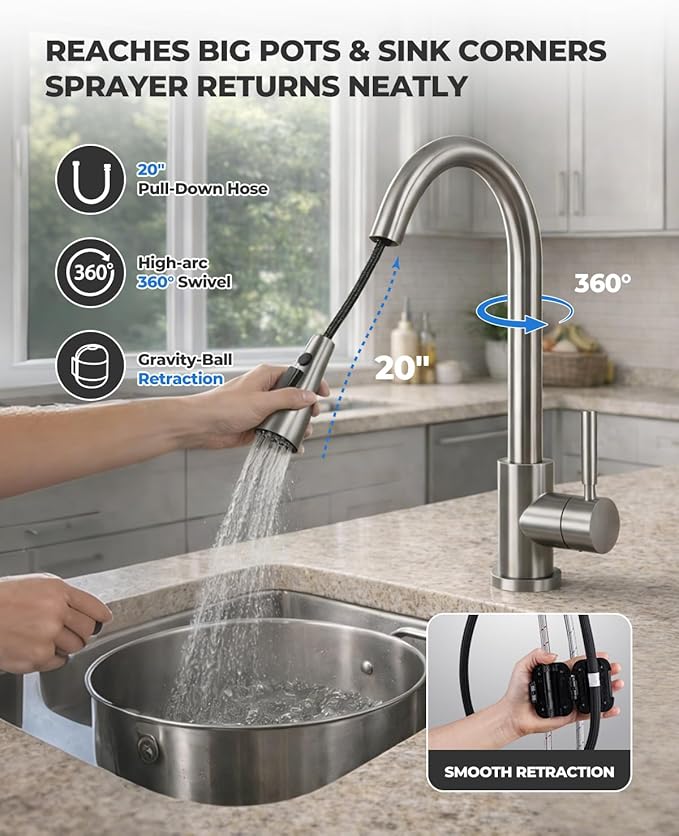 WEWE Kitchen Faucets with Pull Down Sprayer, Leak-Proof Stainless Steel Lead-Free Single Handle 1 Hole for Family Kitchen Commercial Camper Laundry Rv Bar, Brushed Nickel Bar Sink Faucet