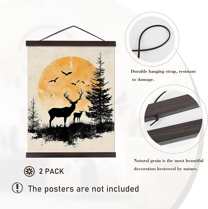 2 Pack Magnetic Poster Hanger Frame, 24x36 24x32 24x18 Light Wood Wooden Magnet Canvas Artwork Print Dowel Poster Hangers Frames Hanging Kit (Walnut, 24", 2 Packs)