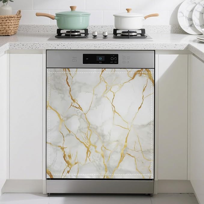 White Marble Dishwasher Magnets Decorative Cover,Gold Veins Magnet Fridge Panel Decal for Home Kitchen Decor,23x26 in