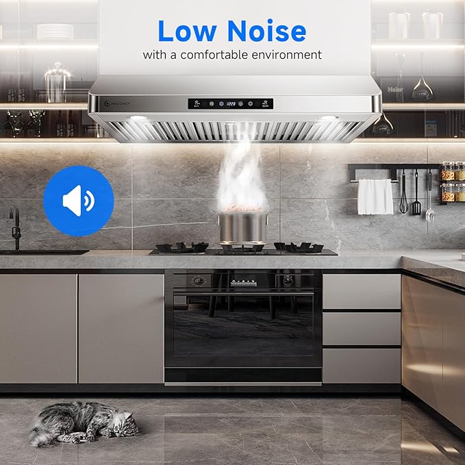 AMZCHEF Under Cabinet Range Hood 36 Inch, 700CFM Stainless Steel Kitchen Stove Vent Hood 3 Speed Exhaust Fan Touch/Remote/Gesture Control LED lights Time Setting Dishwasher-Safe Baffle Filters