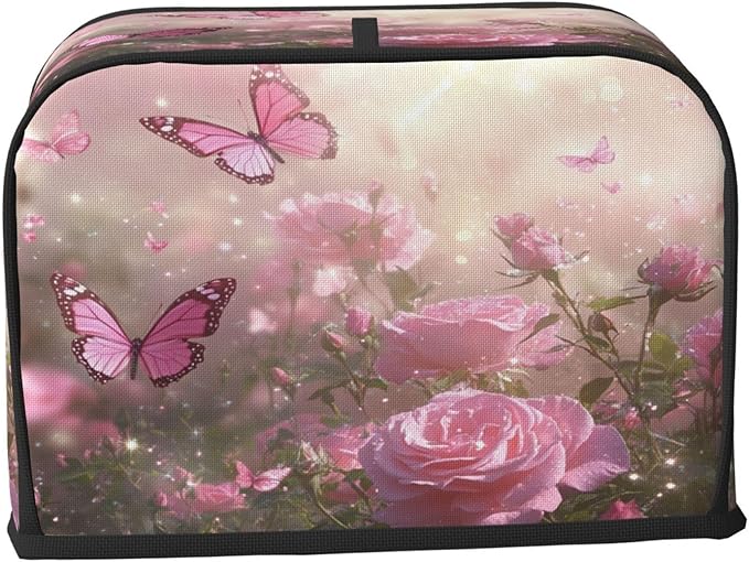 2 Slice Toaster Cover for Kitchen Spring Butterfly Rose Garden Waterproof and Dustproof Toaster Dust Cover with Side Pockets Decorative Universal Cover for Wide Slot Toasters and Small Appliances