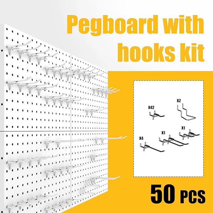Peg Board, 4 Pack Metal Pegboard Panels with 50 Hooks, White Pegboards Wall Organizer, Heavy Duty Peg Board for Walls Home, Garage Tool Storage, Office Organization, Craft Room, Kitchen