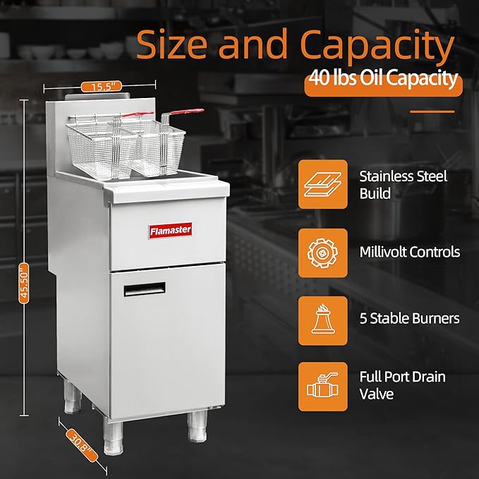 Commercial Gas Floor Fryer with 2 Baskets, 90000 BTU Propane Gas Fryer - Only Commercial Use, Precision Temp Control, Stainless Steel Deep Fryer for Restaurants, Fast Food, Food Trucks
