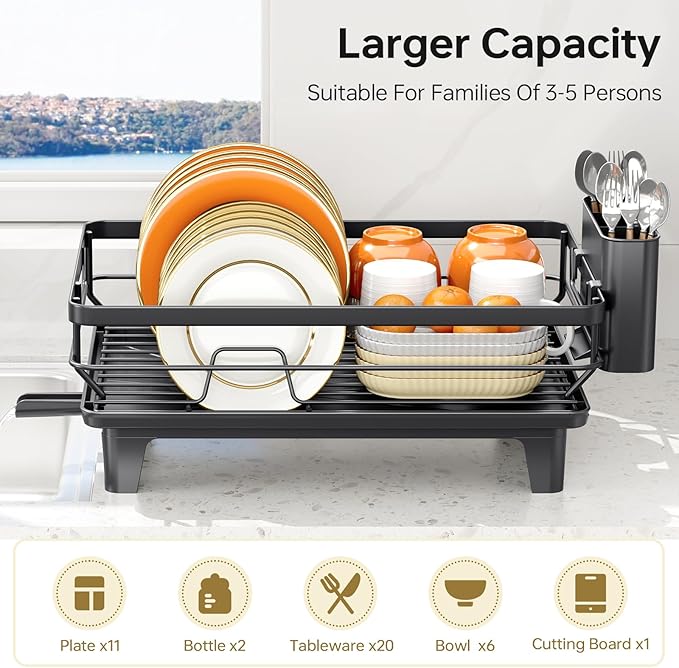 TOOLF Space-Saving Dish Drying Rack, Multifunctional Dish Rack for Kitchen Counter,Sink Dish Drainer Rack, Dishes Strainer with Drain Board & Cutlery Holder, Compact Dryer Rack,Black