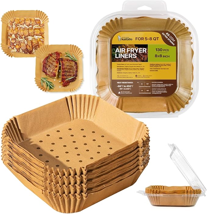 Katbite Air Fryer Liners Disposable - 8 inch Square Non-Stick Perforated Airfryer Paper Liners, Unbleached Parchment Paper for 5 to 8 Qt Basket, Frying, Baking, Cooking, Roasting, Easy Cleanup, 130pcs