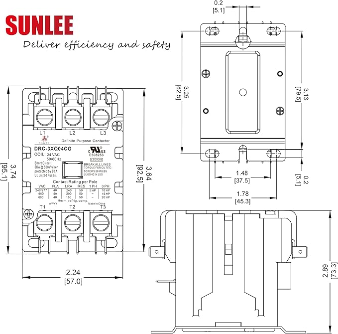 SUNLEE UL 3 pole 40 Amp Contactor 24v coil A2L Compliant fits 42CF35AJ equivalent Definite Purpose Contactor