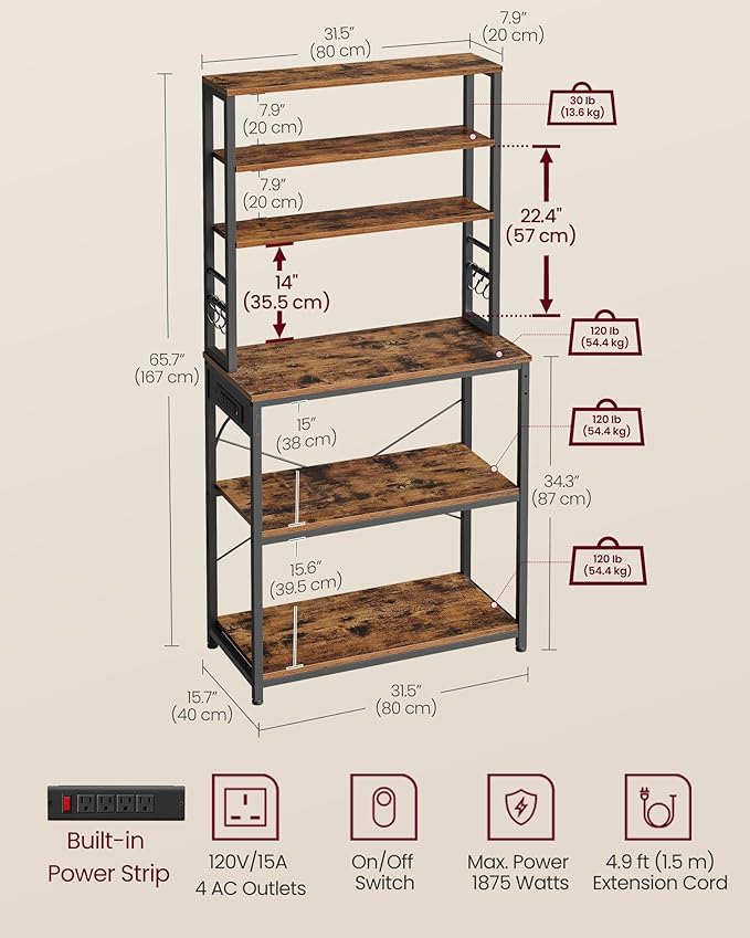 VASAGLE Bakers Rack with Power Outlet, 31.5 Inches Coffee Bar for Kitchen with Storage, 6-Tier Kitchen Shelves with 6 Hooks, Microwave Stand, Industrial, Rustic Brown and Ink Black UKKS119K01