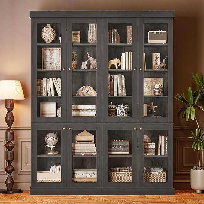 70.8" Bookshelf with Glass Doors, Farmhouse Modular Bookcase with 6-Tier Adjustable Shelves, Large Storage Cabinet for Living Room & Home Office, Set of 2, Black