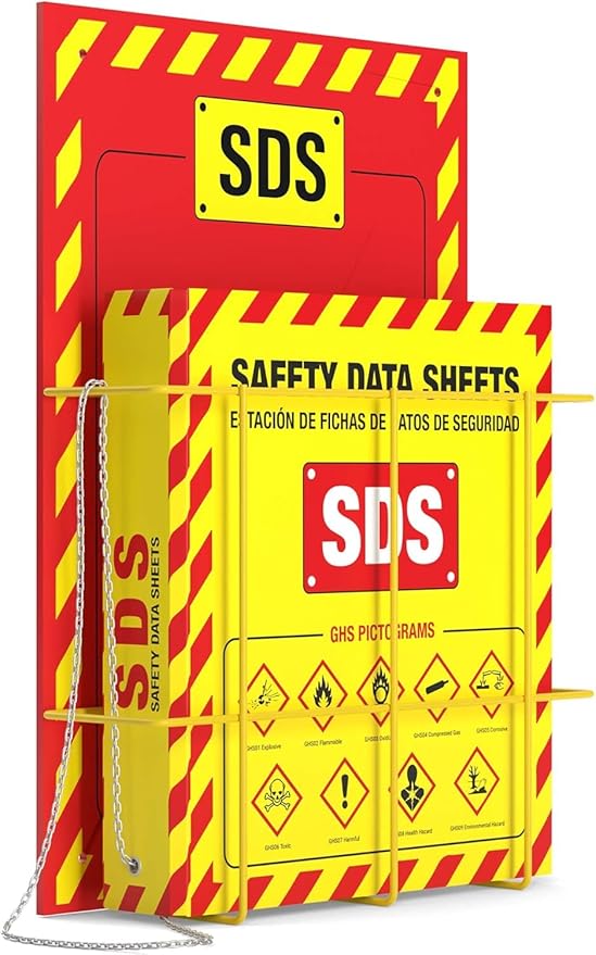 MSDS Wall Station - 3 Inch 3 Ring Material Safety Data Sheet Binder with SDS Wire Rack and Display Sign, Chain, Mounting Hardware, SDS Poster, MSDS Labels - Heavy Duty OSHA Yellow Binder (pack of 10)