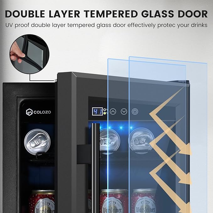 15 Inch Black Beverage Refrigerator Under Counter, 130 Cans Built-in/Freestanding Beverage Cooler, Mini Bar Fridge with Double Tempered Glass Door&Lock, Beverage Fridge for Drink Beer Soda Wine