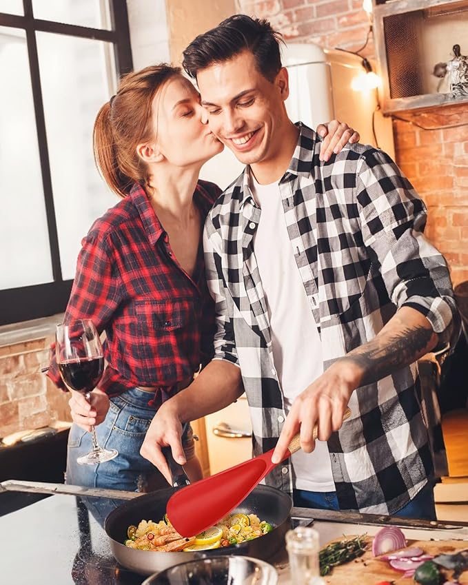 Cooking Spoon for Nonstick Cookwares, Great for Cooking and Serving Sturdy BPA-Free Matte Silicone, Wood Handle Spoon for Mixing, Scoop, and Scrape (RED, 11.4 inch)