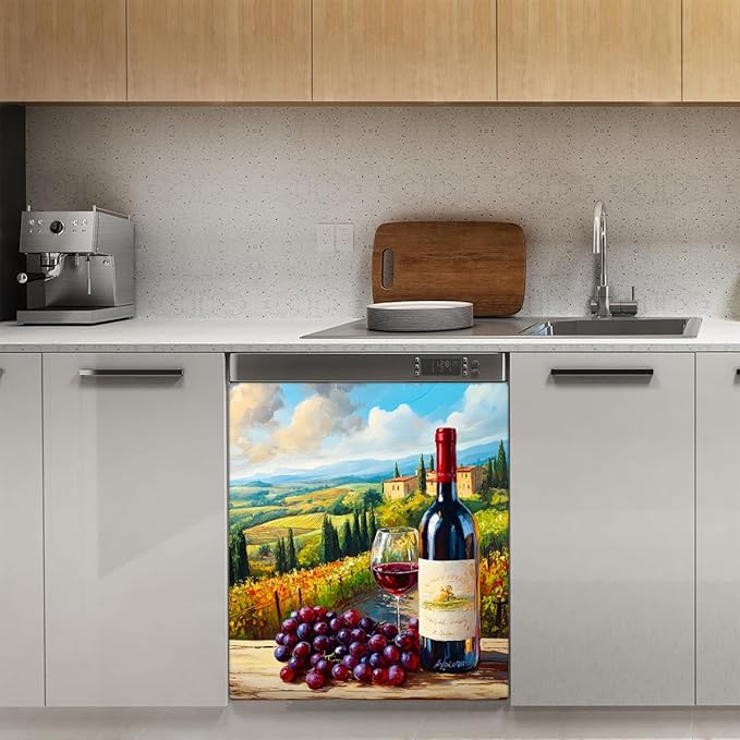 Painting Wine Landscape Dishwasher Magnet Cover Front Dishwasher Cover Decor Reusable Magnetic Door Cover Panel Decal Home Appliances Stickers Kitchen Refrigerator Fridge 23"x26"