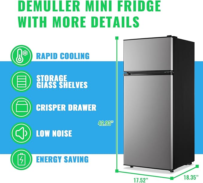 4.5 CU.FT Refrigerator Silver Two Door Fridge with 7 Temperature Settings Spacous Capacity & Ideal Size for Modern Kitchen 3 Glass Shelves & 2 Wheels for Easy Use