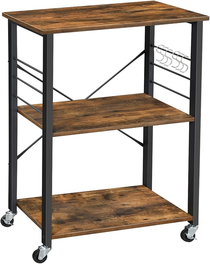 VASAGLE Kitchen Shelf on Wheels, 23.6 Inches Serving Cart with 3 Shelves, Kitchen Cart, Microwave Shelf, for Mini Oven, Toaster, with 6 Hooks, Industrial Style, Rustic Brown and Ink Black UKKS60XV1