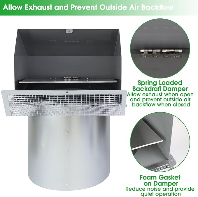 6 Inch Hooded Wall Vent with Screen and Damper,6 Inch Exhaust Vent Cover Cap for Outdoor Kitchen Range Hood Dryer Ventilation,Outside Wall Mount Extractor for House Air Exhaust,Galvanized Steel,Gray
