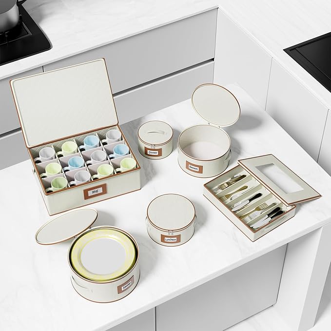 Aokeyee 6-Piece China Storage Containers Set, Hard Shell Moving Boxes for Dishes, Plates, Mugs & Flatware – Dinnerware Organizer with Soft Dividers, Sturdy Handles & Zippers, Ivory