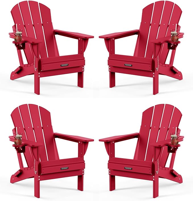 MUCHENGHY Folding Adirondack Chairs Set of 4, Patio Chairs, Lawn Chairs, Outdoor Chairs, Adirondack Chair Plastic, Fire Pit Chairs, Weather Resistant with Cup Holder for Deck, Backyard, Garden(Red)