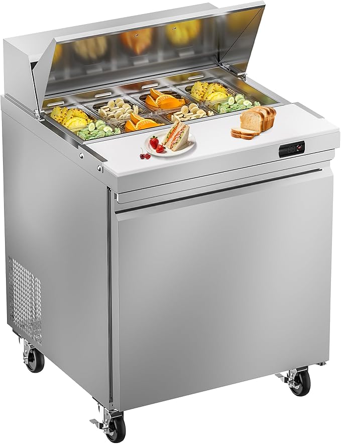29" W Commercial Sandwich Salad Prep Table Refrigerator, 7.6 Cu.ft Single Door Stainless Steel Commercial Kitchen Refrigerated Equipment with 8 Pans for Restaurant, Bar, Shop, etc.