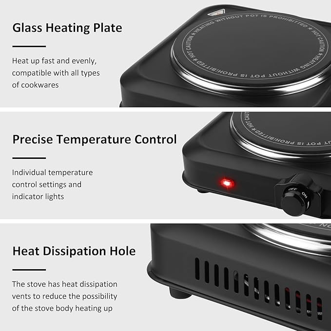 2000W Double Burner Electric, Portable Hot Plate for Cooking, Cooking Stove with 5 Temperature Adjustments, Countertop Burner Cooktop for Kitchen, Dorm (Black, 10x11x4")