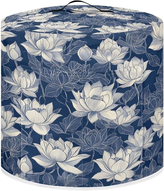 Insulated Pressure Cooker Appliance Cover, Also Fit for Rice Cooker, Air Fryer and Crock Pot, 8 Qt Dust Cover with Pocket for Spoon/Cooking Utensils/Recipes, Machine Washable, Blue Lotus