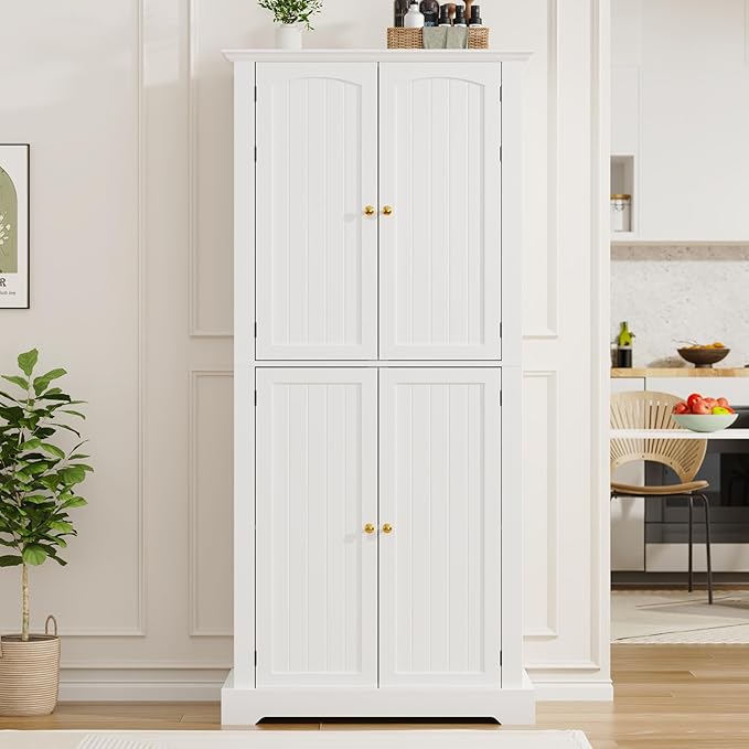 MHOM 71" Tall Pantry Cabinet, Farmhouse Kitchen Storage Cabinet with 6 Hanging Shelves and Adjustable Shelves, Freestanding Cupboard for Kitchen & Dining Room, White