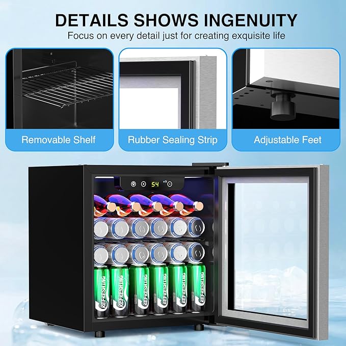 Kismile Beverage Refrigerator Cooler 36L Mini Fridge for 12 Bottle 50 Can,1.3 Cu.Ft Drink Fridge with Quiet Compressor,LED Light,Electronic Temperature Control for Home/Bar/Office 40-61℉,Silver