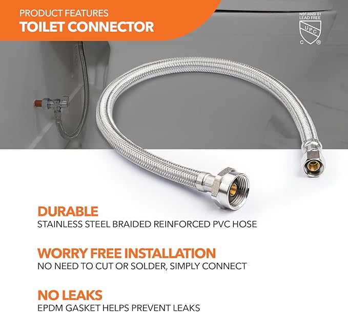 Stainless Steel Braided Water Connectors with Reinforced PVC Inner Hose for Toilets, 3/8" Compression x 7/8" Metal Ballcock, 12" Length (5Pack)