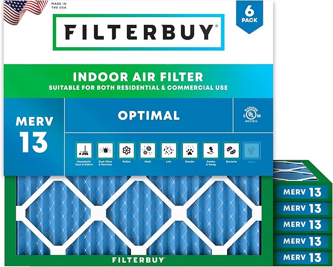 Filterbuy 13.25x13.25x1 Air Filter MERV 13 Optimal Smoke & Allergy Defense (6-Pack), Electrostatic Pleated HVAC AC Furnace Filters Replacement, Made in USA (Actual Size: 13.25 x 13.25 x 0.75)