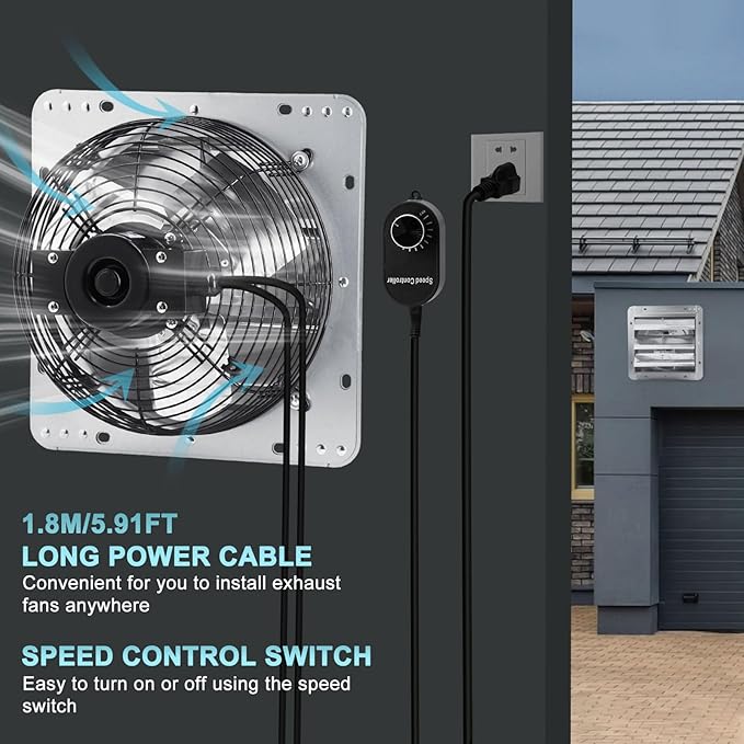 Criditpid 7 Inch Shutter Exhaust Fan, Wall Mounted Vent Fan for Greenhouse, Shed, Garages, Basement, Shop, Chicken Coop, 760 CFM High Speed Exhaust Fan with Speed Controller and 1.8M Power Cord Kit