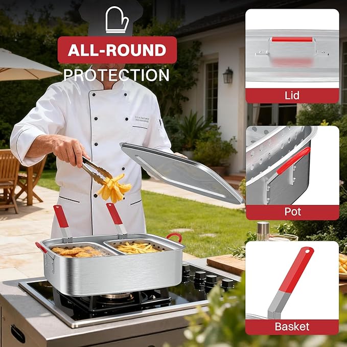 18QT Aluminum Deep Fryer Pot with 2 Baskets | Lid | 9" Fryer Tong | 6" Thermometer | Outdoor Fish Fryer Pot | Ideal for Frying Fish | French Fries | Chicken Wings