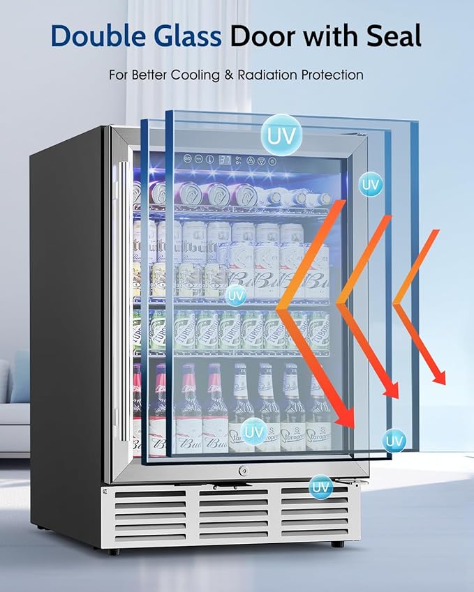 24 inch Beverage Refrigerator - 180 Cans Under Counter Beverage Fridge with Glass Door & Safety Lock for Beer Wine Soda, Built-in or Freestanding Drink Fridge for Home Office Kitchen or Bar