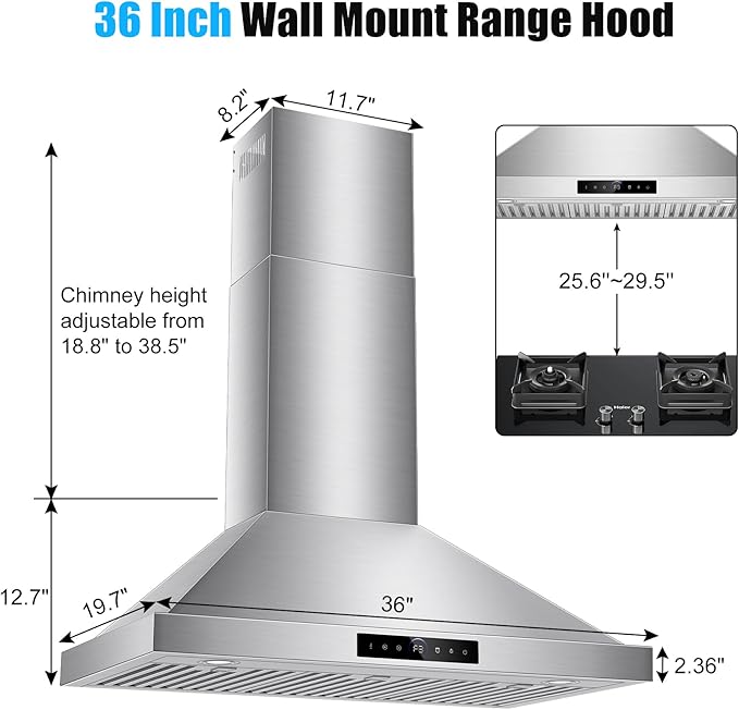 36 inch Range Hood Wall Mount, 1200 CFM with 4-Speed Gesture Sensing & Touch Control, Stainless Steel Ducted Kitchen Stove Vent Hoods with 2 LED Lights, Time Setting, Dishwasher-Safe Baffle Filters