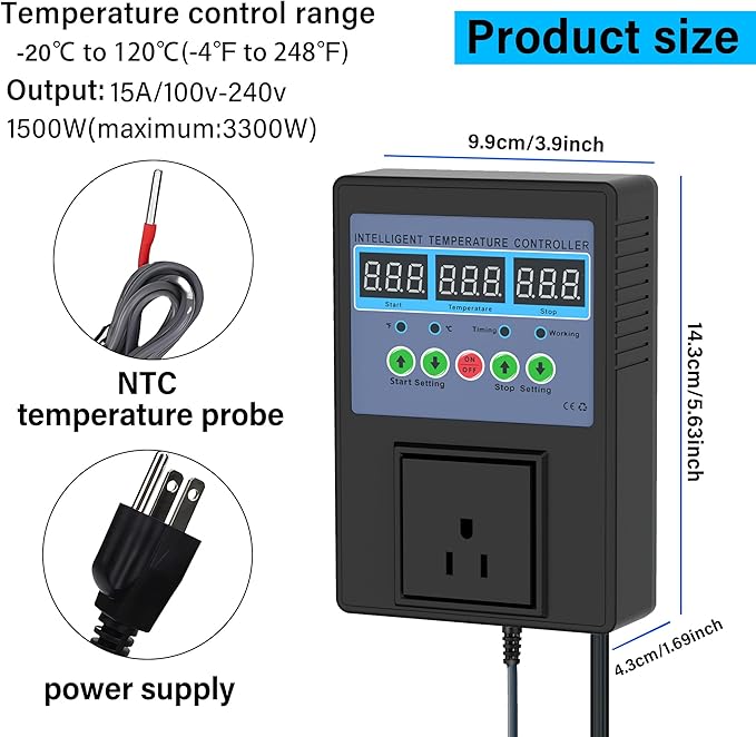 Intelligent Digital Temperature Control Sensor Regulator 100V-240V 15A -20℃-120℃ Heating/Cooling Thermostat Control Switch with LED Display Monitor,Suitable for Incubators,Brooders,Refrigerators