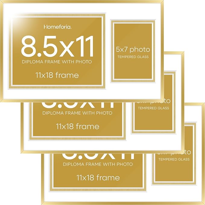 Homeforia 11x18 Gold Diploma Frame with Photo, High End Metal 11 x 18 Certificate Frames with Mat for 8.5 x 11 inches Diploma and 5 x 7 Picture, Award Degree Frames, Tempered Glass, Wall Kit, Set of 3