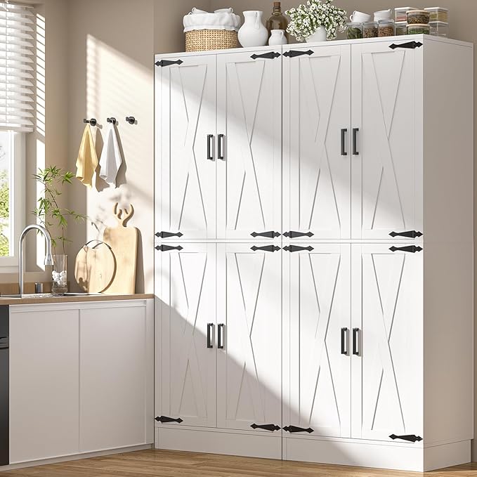 Unikito 71" Tall Kitchen Pantry Storage Cabinet with Farmhouse Barn Doors and Storage Drawer, 4 Adjustable Shelves, Freestanding Cupboard for Dining Room, Living Room, Utility Room, White