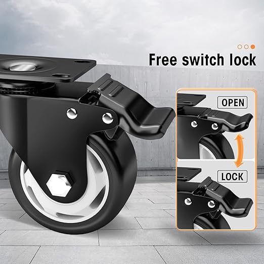 4" Caster Wheels, Casters Set of 4 Heavy Duty - ASRINIEY Black Polyurethane Castors, Top Plate Swivel Wheels, 4-Pack Industrial Casters with Brake, Locking Caster for Furniture and Workbench