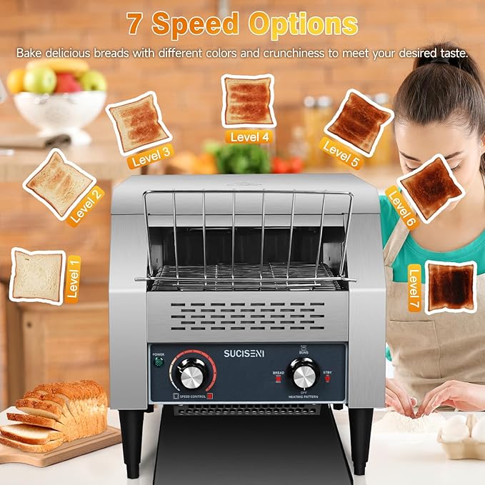 Commercial Toaster 300 Slices/Hour 1900W Heavy Duty Industrial Conveyor Toaster Stainless Steel Electric Oven with Dual Heating Tube 7-speed Adjustments for Bagel Croissant Restaurant Bakery Cafe