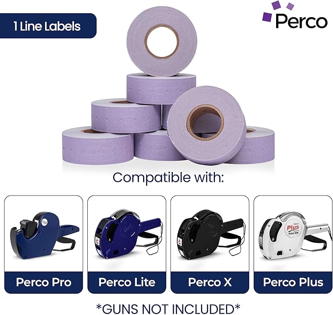 Perco 1 Line Lavender Labels - 32 Rolls, 4 Sleeves, 32,000 Blank Price and Date Gun Labels for Perco Lite, X, Plus and Pro 1 Line Price and Date Guns - Made in USA