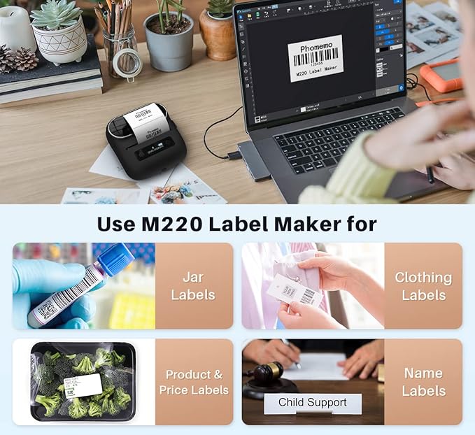 Phomemo M220 Bluetooth Label Maker - 3.14" Portable Thermal Printer with 3 Label, 2200mAh Battery, iOS/Android Compatible, for Small Business Home Office Organization & Barcodes